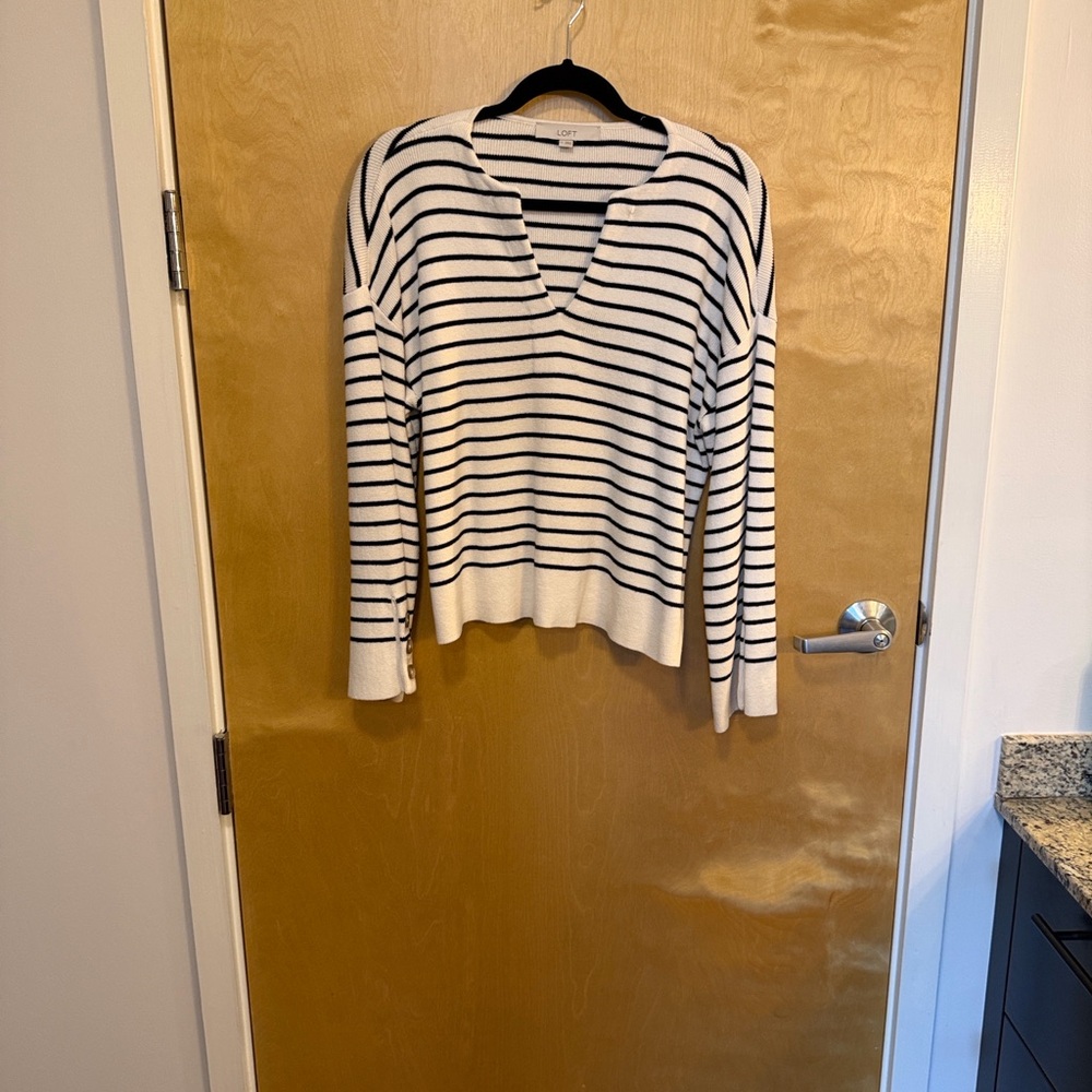 LOFT Cream and Black Striped V-Neck Sweater